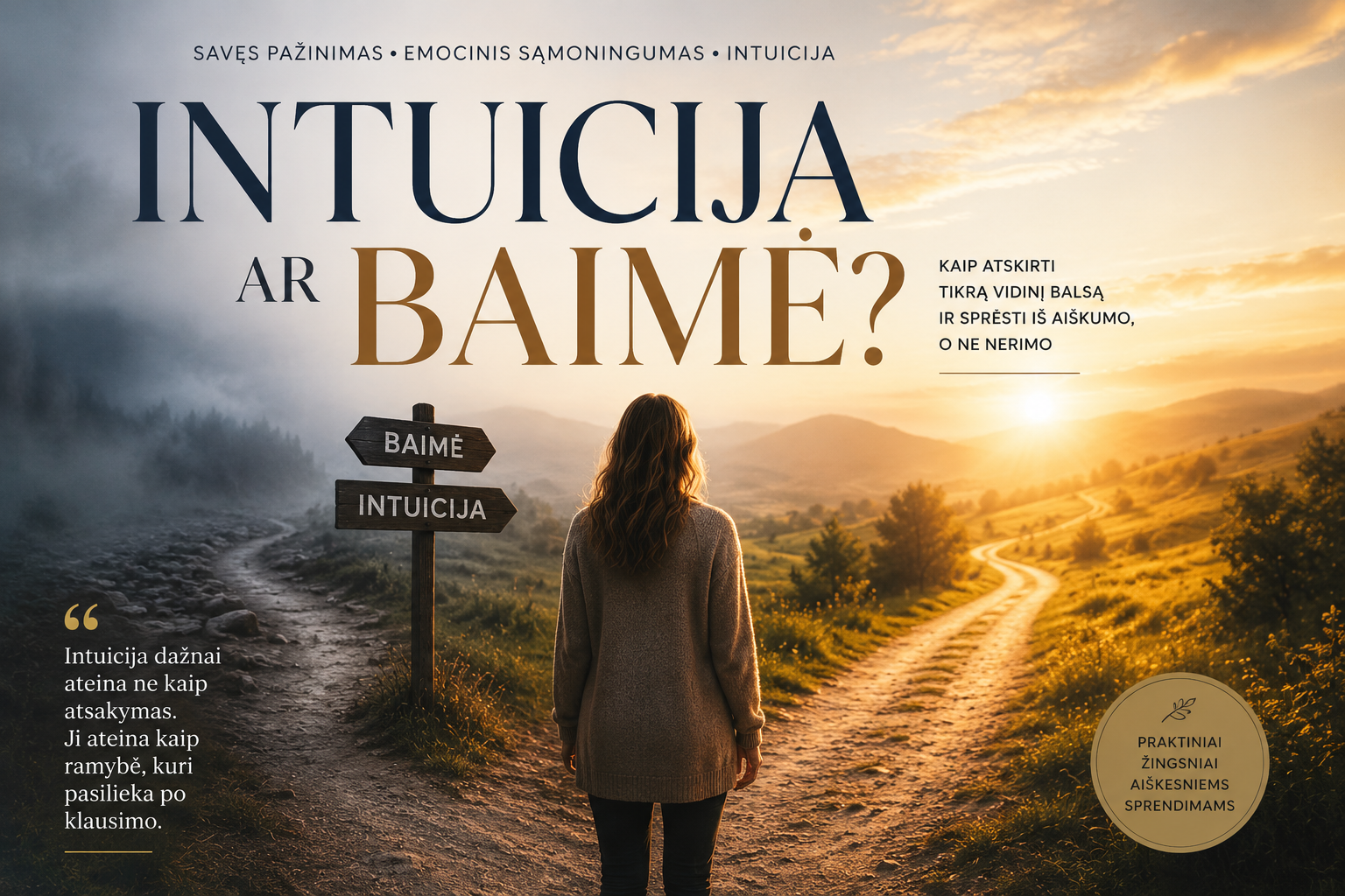 Žmogus stovi kryžkelėje tarp intuicijos ir baimės simbolizuojančių kelių saulėtekio šviesoje