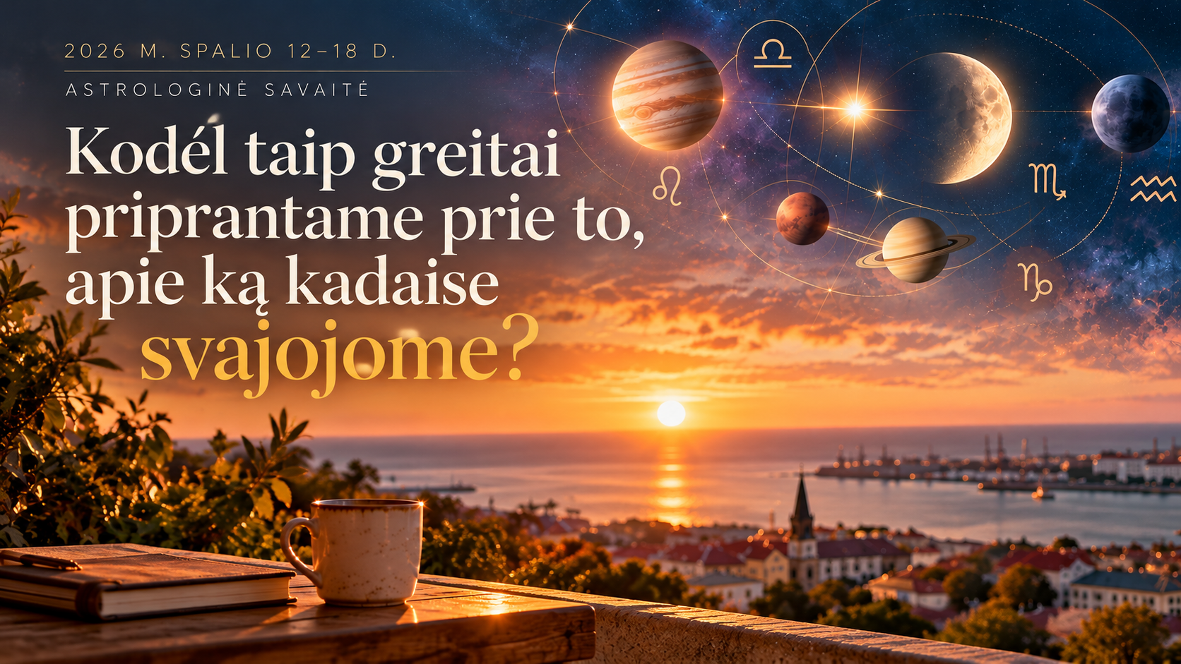 Astrologinis saulėlydis virš uosto su planetomis ir klausimu apie išsipildžiusias svajones