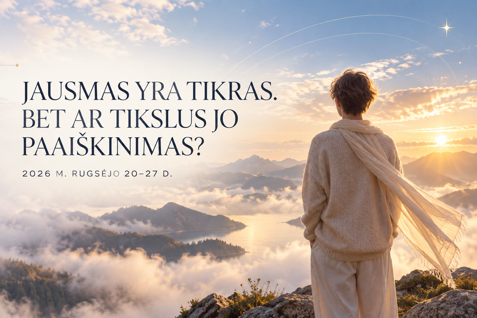 Šviesiame kalnų horizonte stovintis žmogus ir užrašas: Jausmas yra tikras. Bet ar tikslus jo paaiškinimas?